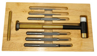 Lyman Deluxe Brass/Rubber Hammer and Six Punch Kit features a wooden work surface